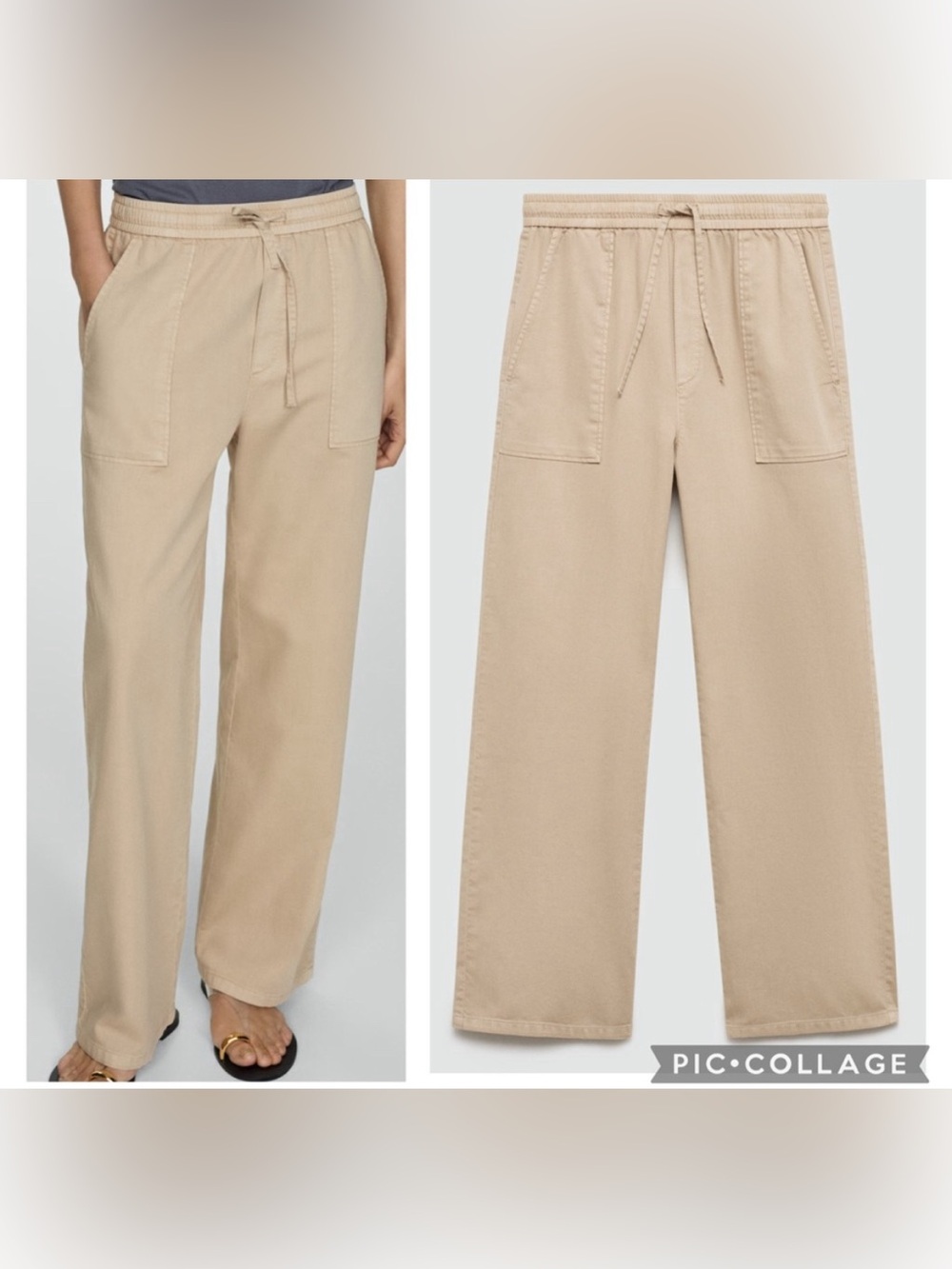 Mango 100% Cotton Drawstring Pants in Tan